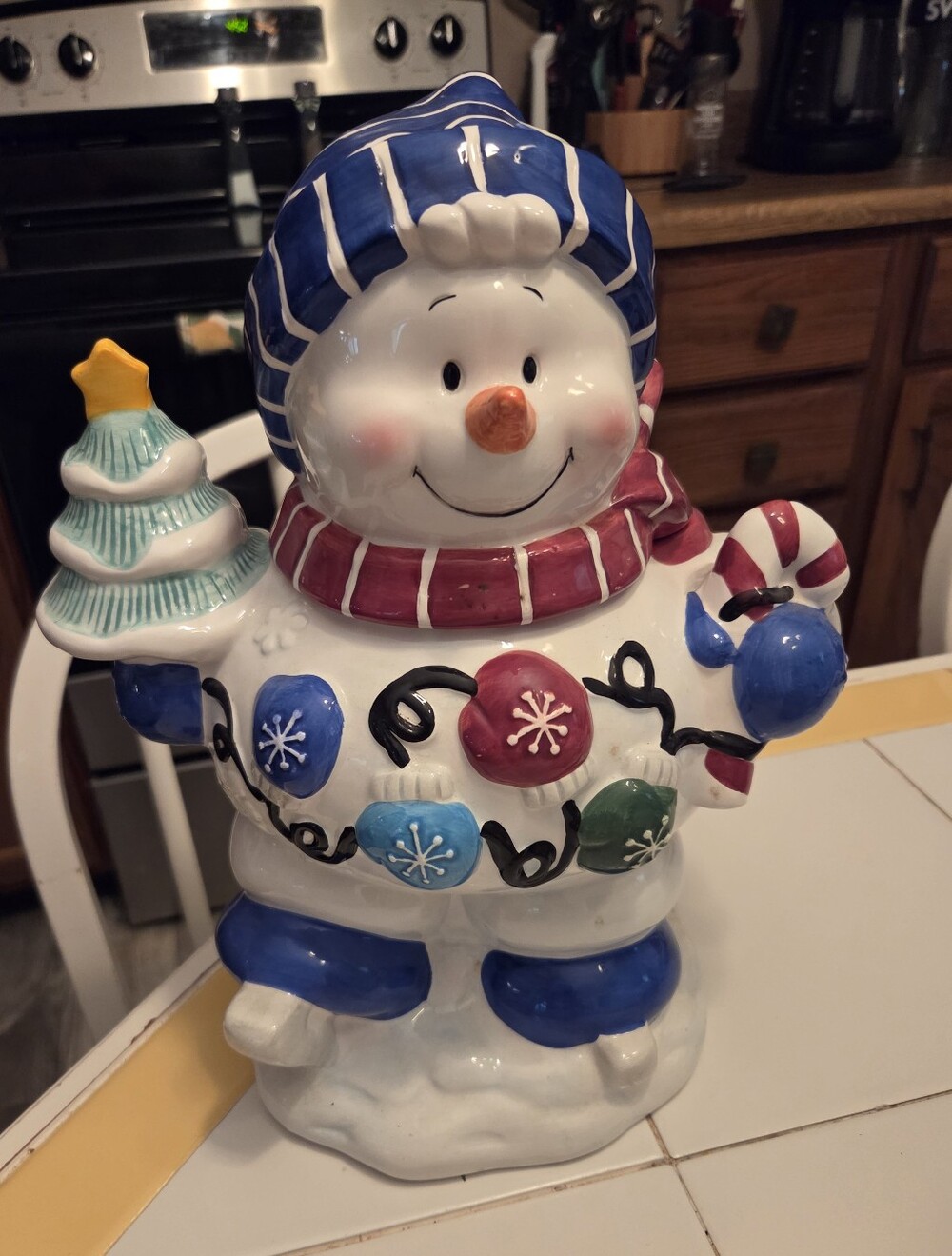 Festive Snowman Ceramic Figurine - White & Blue Holiday Decor